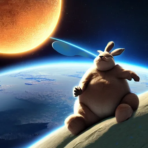 Prompt: big chungus in space next to the planet Earth, digital art, highly-detailed artstation cgsociety