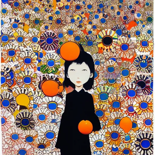 Image similar to by takashi murakami paper embossing, field of view forbidding. a collage of a young woman holding an orange