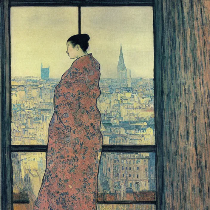 Prompt: portrait of sad woman in kimono and persian cat with city with gothic cathedral seen from a window frame with curtains. cloudy sunset. mikalojus konstantinas ciurlionis, henri de toulouse - lautrec, paul delvaux, utamaro, matisse, monet