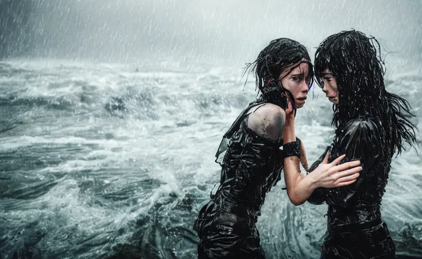 Image similar to cinestill 5 0 d candid photographic portrait by christopher nolan of two loving female androids wearing rugged black mesh techwear in treacherous waters, extreme closeup, modern cyberpunk moody emotional cinematic, pouring rain, 8 k, hd, high resolution, 3 5 mm, f / 3 2, ultra realistic faces, ex machina