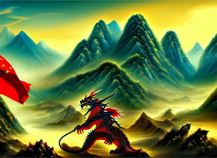 Image similar to Chinese president, bananas weapon, battle, dragon, centered, highly detailed, mountains, epic composition, background, fantasy art, oil painting, 4k