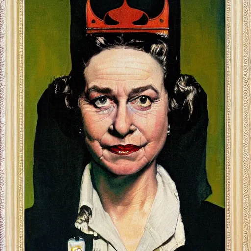 Image similar to Frontal portrait of the Queen of the Batmans. A painting by Norman Rockwell.