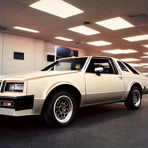 Prompt: 1980 Grand National GNX, inside of an auto dealership, ektachrome photograph, volumetric lighting, f8 aperture, cinematic Eastman 5384 film