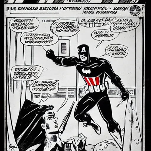 Image similar to comic book pane of Captain America arresting Batman, silver age of comics, Jack kirby illustration