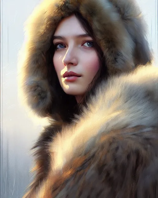 Image similar to a beautiful siberian girl with bear fur coat with beautiful decollete | | winter, realistic shaded, unpleasant face, bad looking, fine details, realistic shaded lighting poster by greg rutkowski, magali villeneuve, artgerm, jeremy lipkin and michael garmash and rob rey