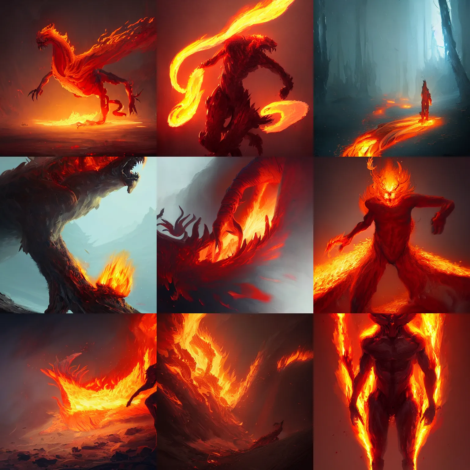 Prompt: fire elemental creature made of flames, concept art, smooth, sharp focus, illustration, greg rutkowski