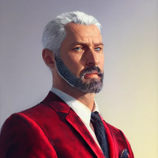 Image similar to A painting of a 40 year old man with sharp facial features and a light stubble, grey hair, blue eyes, beautiful and detailed, he is wearing a crimson red velvet suit, oil painting, by Greg Rutkowski, trending on artstation