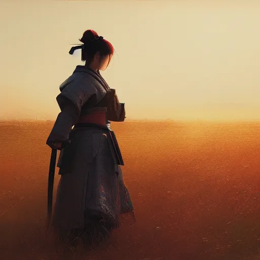 Image similar to female samurai standing in a field in the style of Ruan Jia, golden hour