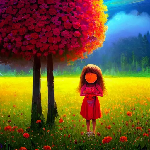 Image similar to girl with giant flower as a face and flower dress, standing in a flower field hills, big trees, sunrise dramatic light, impressionist painting, colorful clouds, digital painting, pointillism, artstation, simon stalenhag