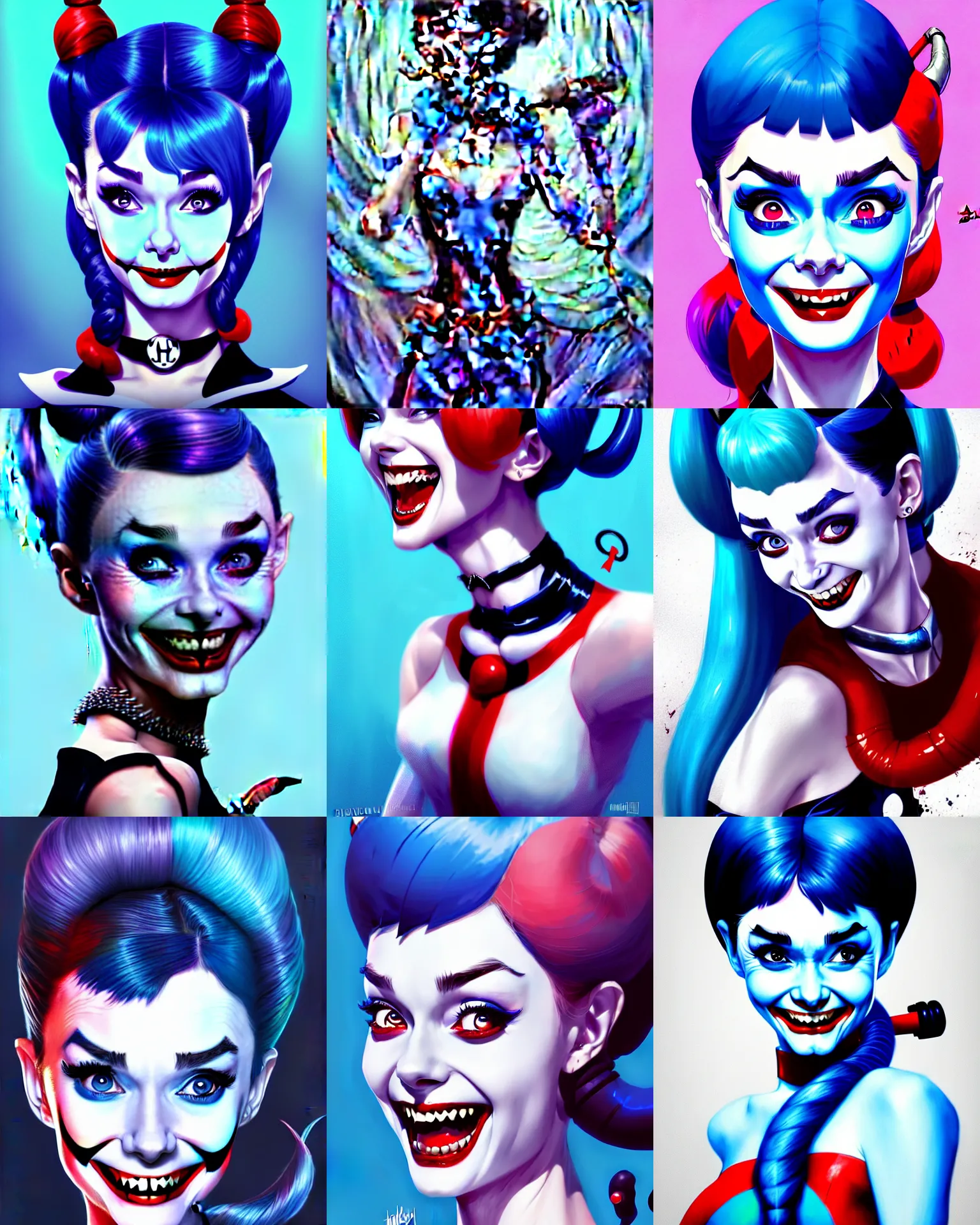 Prompt: evil audrey hepburn as harley quinn, insane laugh, blue hairs, two long braids blue, no makeup, portrait shinkai makoto artgerm rossdraws james jean marc simonetti highly detailed intricate matte sharp focus digital painting artstation pixiv