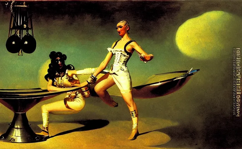 Prompt: boxing woman! and drag queen! on a space ship by carl spitzweg