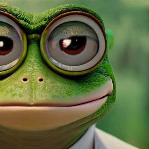Prompt: Pepe the Frog full realistic cinematic portrait