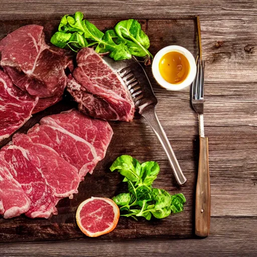 Prompt: bicycle constructed of beef, glistening meat and oily metal, pulsating, carnivorous, hungry, in food photography style, high resolution detail,