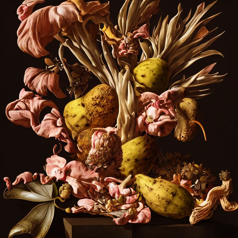 Image similar to still life of rotten flesh, beautiful tropical flowers, human spine, tropical fruit baroque painting, beautiful detailed intricate insanely detailed octane render, 8K artistic photography, photorealistic, chiaroscuro, Raphael, Caravaggio