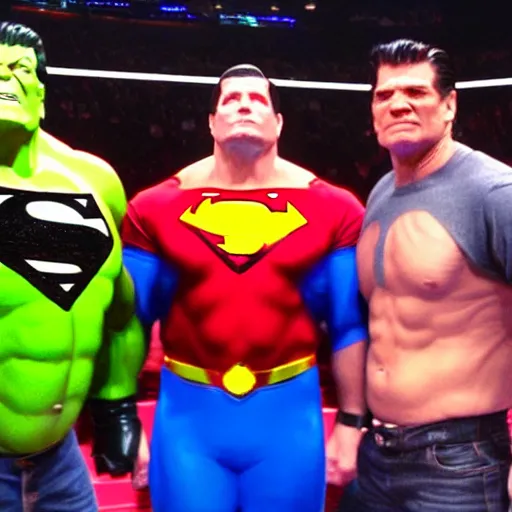 Image similar to supermen and hulk at WWE smacking down Vince McMahon