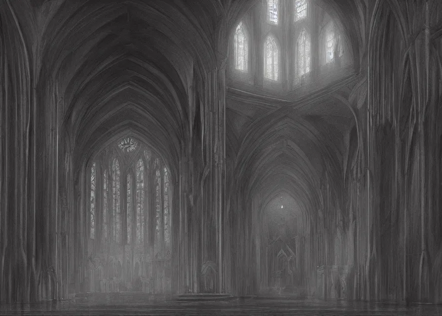 Prompt: interior of a black cathedral, pencil, concept art, detailed, 4k, artstation