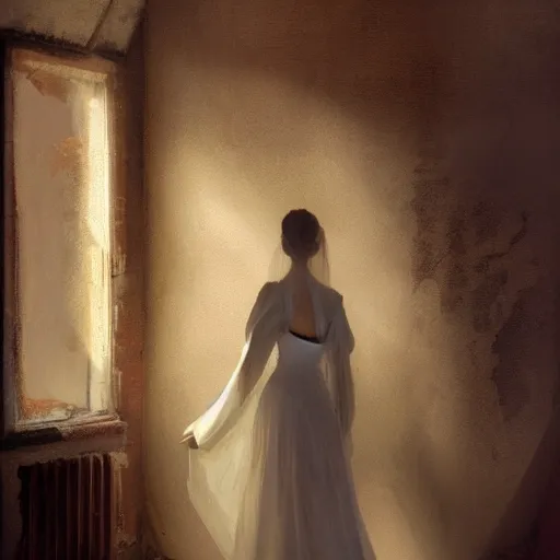 Image similar to A woman in a wedding dress in a dilapidated room, long shadow, dark room, vintage shading, warm colors, by Greg Rutkowski, artstation