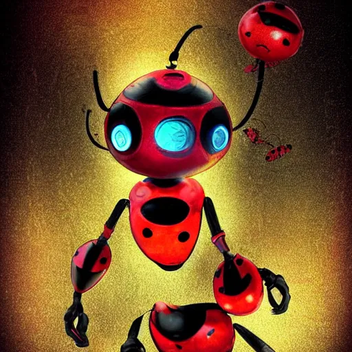 Image similar to ladybug as a robot, fantasy art style, scary atmosphere, nightmare - like dream