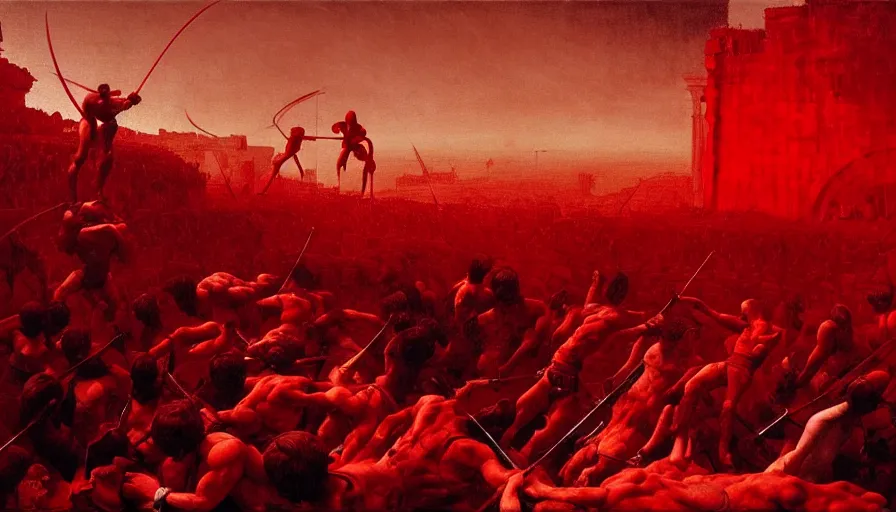 Image similar to only with red, bloody gladiator battle in a crowded roman amphitheatre, crowd cheering, in the style of beksinski and edward hopper and rodcenko and yue minjun and cory loftis, intricate and epic composition, red by caravaggio, highly detailed, masterpiece, red light, artstation, art nouveau