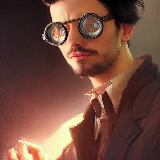 Image similar to an inventor, goggles on forehead, thin beard, messy black hair, d & d, fantasy, intricate, cinematic lighting, highly detailed, digital painting, artstation, concept art, smooth, sharp focus, illustration, art by artgerm and greg rutkowski and alphonse mucha