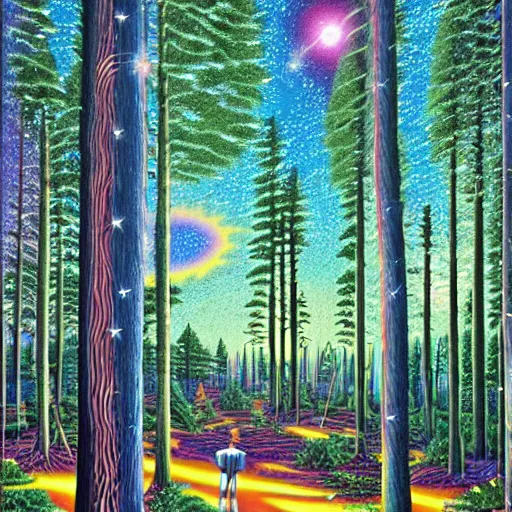 Prompt: psychedelic, trippy, lush pine forest, milky way, cartoon by rob gonsalves, sharp focus, colorful refracted sparkles and lines, soft light