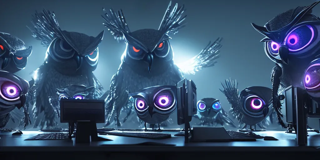 Image similar to an giant evil, malevolent, cyborg owls looking at a computer, surrounded by computer screens. this 4 k hd image is trending on artstation, featured on behance, well - rendered, extra crisp, features intricate detail and the style of unreal engine. volumetric lighting octane render