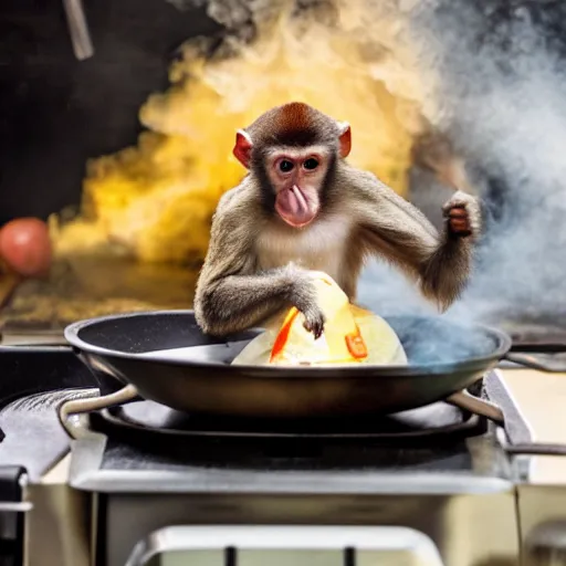 Image similar to a monkey cooking an omelette.