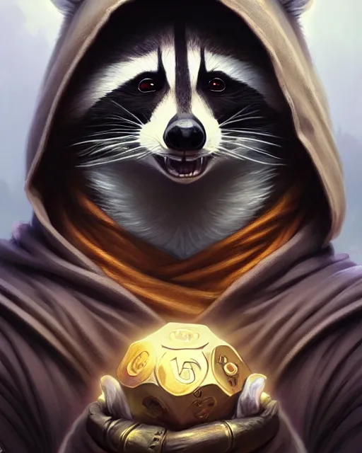 Image similar to anthropomorphic hooded raccoon cleiric, deep focus, d & d, fantasy, intricate, elegant, highly detailed, digital painting, artstation, concept art, matte, sharp focus, illustration, hearthstone, art by artgerm and greg rutkowski and alphonse mucha