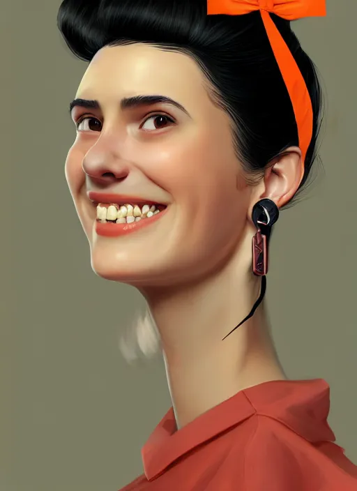 Image similar to portrait of high school girl, realistic, black hair, bangs, half updo hairstyle, pointy nose, skinny, smile, ugly, defined jawline, big chin, orange hair bow, earrings, intricate, elegant, riverdale, highly detailed, digital painting, artstation, sharp focus, illustration, art by wlop, mars ravelo and greg rutkowski