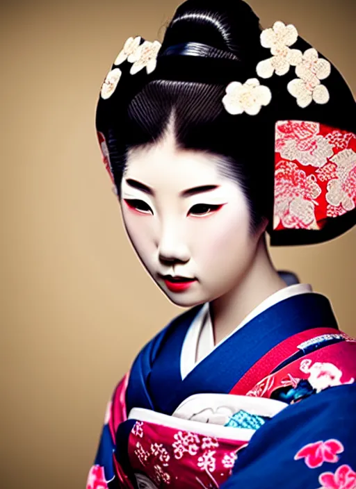 Image similar to female geisha girl, beautiful face, rule of thirds, intricate outfit, spotlight