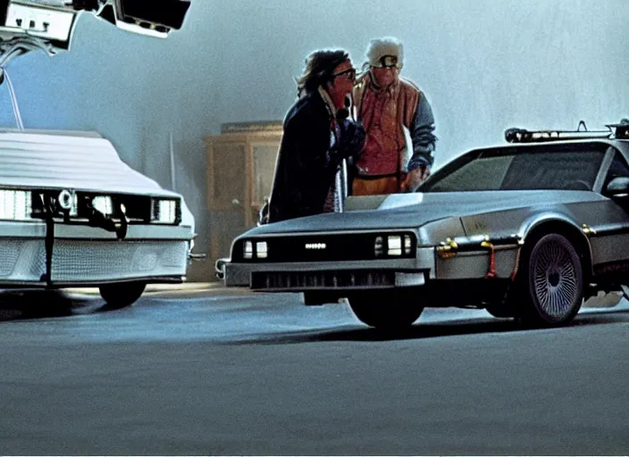 Image similar to screenshot from the iconic scene from the lost Back to the Future film directed by Martin Scorsese, cinematic lighting, unsettling set design with extreme detail, moody cinematography, with anamorphic lenses, crisp, detailed, 4k image