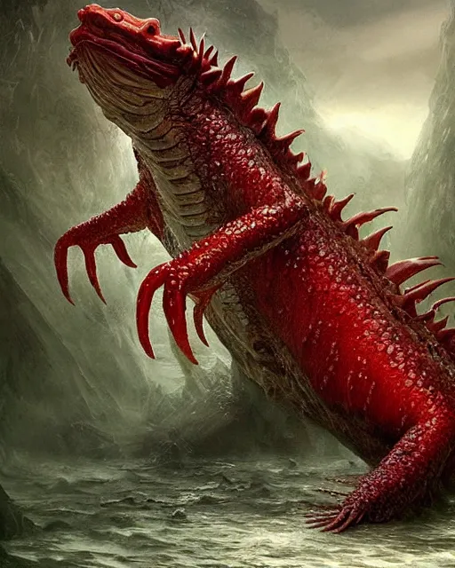 Image similar to ethereal, mysteriously beautiful giant huge kaiju sized pond dragon half fish half salamander, sea dragon, wet amphibious skin, red salamander, axolotl creature, pond, village by Ruan Jia and Gil Elvgren, fullbody