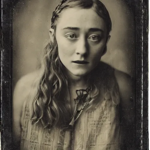 Image similar to Tintype photograph of Saoirse Ronan as a Irish ethnographic subject. 1920s studio lighting.