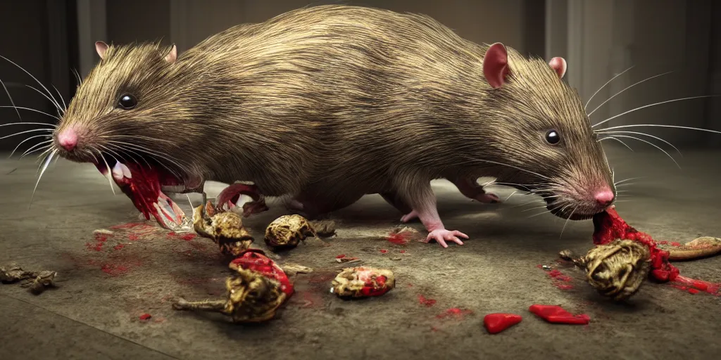 Prompt: a highly detailed photographic render of a human size rat eating a corpse in a living room, scary, gore, blood, rat man, horror sci-fi, horror science fiction, biology, horror, cinematic, cinematic horror, cinematic lighting, cinematic scene, cinematic render, film, horror film, beautifully lit, ray traced, octane 3D render, octane render, unreal engine