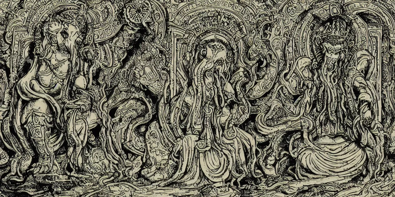 Prompt: inside the palace of pondering, cthulhu and ganesh were building the future by weaving the fabric of time itself