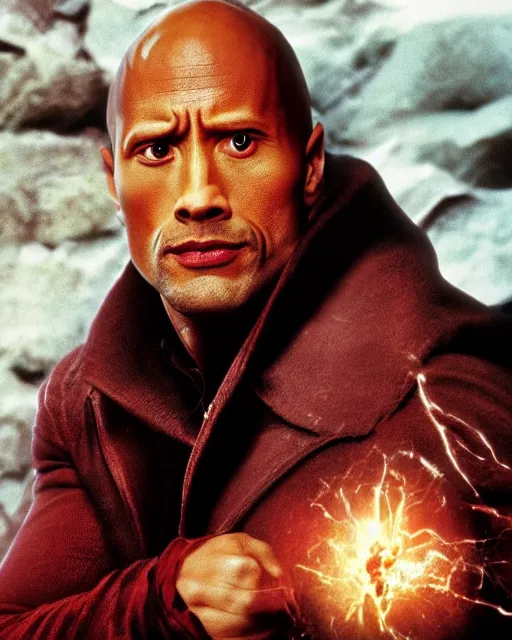 Prompt: film still close up shot of dwayne johnson as harry potter from the movie harry potter and the philosopher's stone. photographic, photography