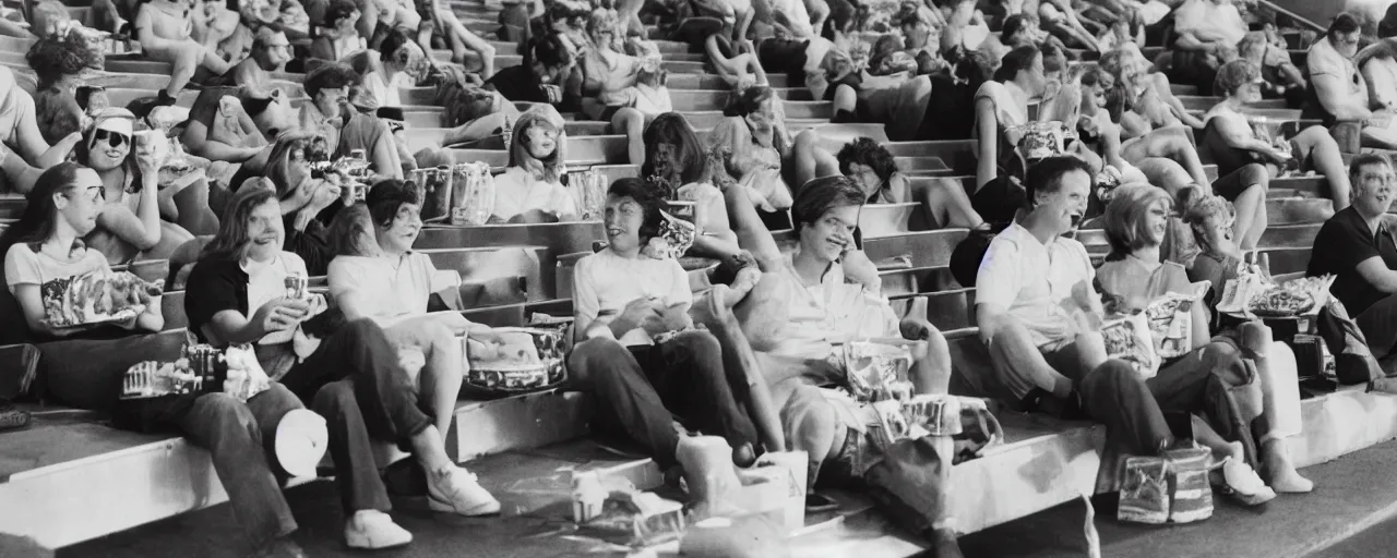 Prompt: a group at the movies snacking on a spaghetti container, stadium seating, kodachrome