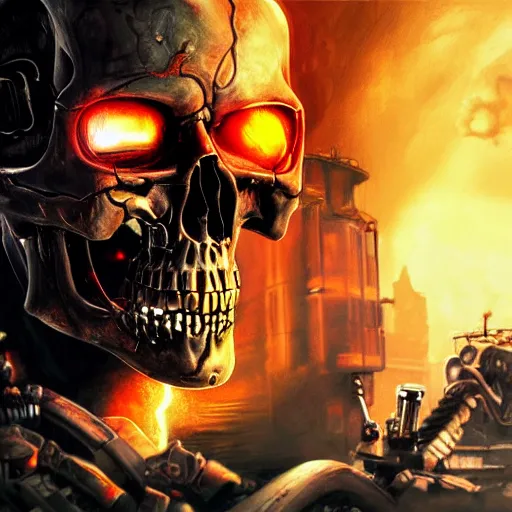 Prompt: terminator skull on flaming town background, acrilic paint, digital, artstation, detailed intricate ink illustration, heavenly atmosphere, digital art, overdetailed art, concept art, complementing colors, trending on artstation, cgstudio, the most beautiful image ever created, dramatic, subtle, details, award winning artwork, beautiful scenery