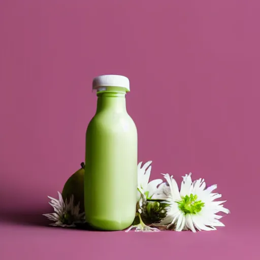 Image similar to juice bottle surrounded by white flowers, green leaves, and pears, soft zen minimalist, white background, bright, crisp