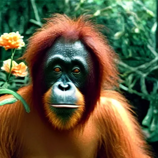 Prompt: movie still of an orangutan with the flowers head, cinematic composition, cinematic light, by edgar wright and david lynch, surrealist art