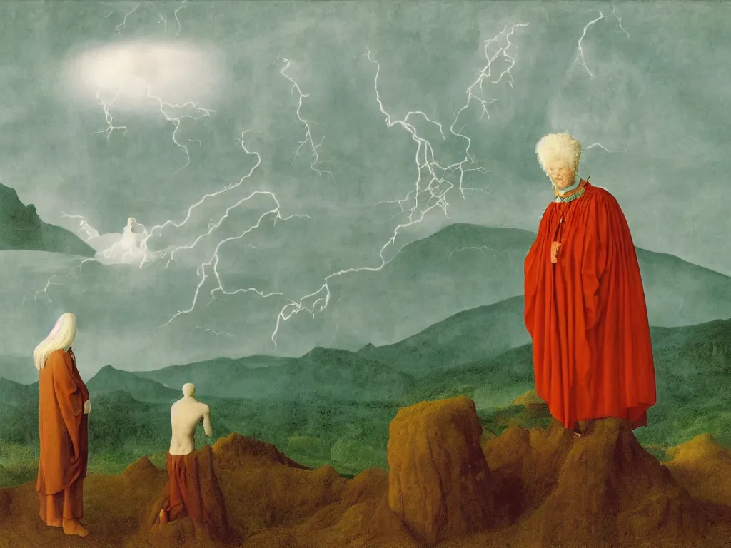 Image similar to albino mystic, with his back turned, looking at a storm over over the mountains in the distance, with strange hallucination, optical illusion. Painting by Jan van Eyck, Audubon, Rene Magritte, Agnes Pelton, Max Ernst, Walton Ford