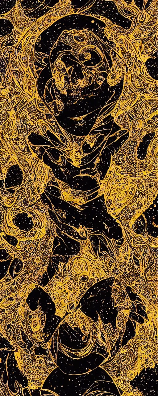 Prompt: disco diffusion portrait of Thom Yorke, on the moon:: cosmic tarot card, intricate fractal details, golden lines, broken reality, fanciful floral mandelbulb, black paper, style of wes anderson