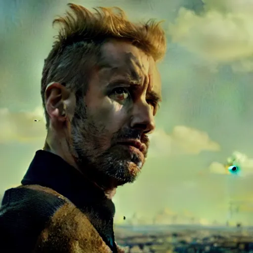 Image similar to a man with a cubed head, film still from the movie directed by Denis Villeneuve with art direction by Salvador Dalí, wide lens