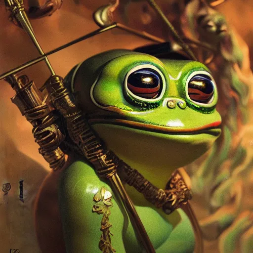 Image similar to plasticine wet shiny angles, crystal, moonlit, mirrors, camera angled dramatically, realistic hyperdetailed design of pepe the frog meme, ferocious, chinese mythology, victo nga, fumo yoshitoshi, ren jing jeong, feifei ruan, peter mohrbacher, takato yamamoto