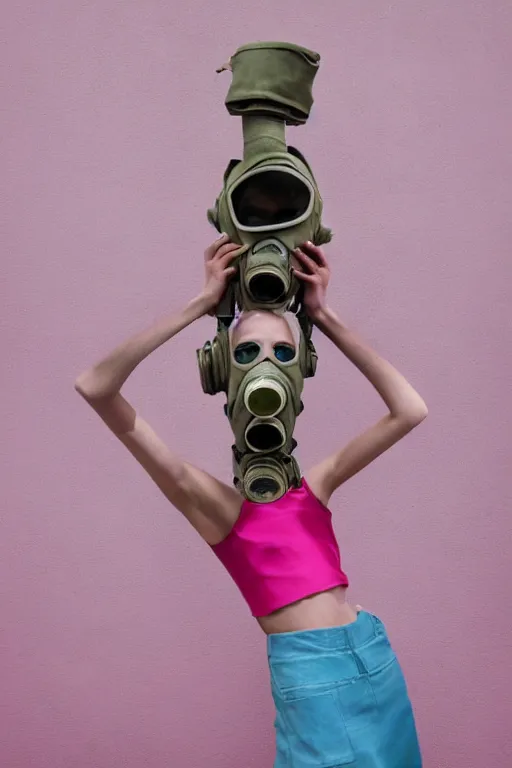 Image similar to a surreal portrait of intertwined and contorted figures wearing gas mask next to a pink wall in the style of brooke didonato, editorial fashion photography from vogue magazine, full shot, nikon d 8 1 0, ƒ / 2. 5, focal length : 8 5. 0 mm, exposure time : 1 / 8 0 0, iso : 2 0 0