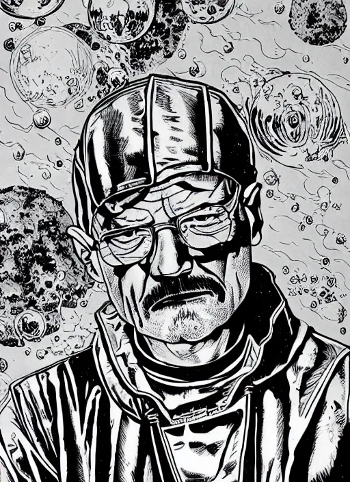 Prompt: Walter White as badass space wizard in retro science fiction cover by Moebius, vintage 1960 print, inked, detailed, trending on artstation