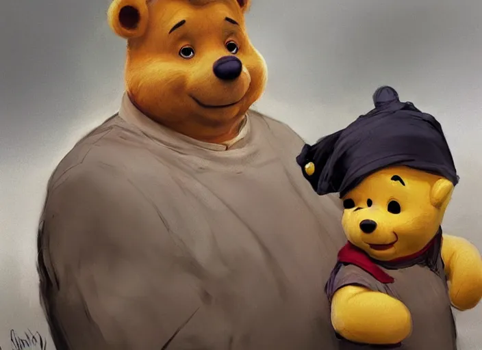 Image similar to portrait of Xi Jinping dressing up as Winnie the Pooh in a trashy Chinese dirt poor trashcan, hungry, beta weak male, digital painting, concept art, smooth, sharp focus, illustration, from Metal Gear, by Ruan Jia and Mandy Jurgens and William-Adolphe Bouguereau, Artgerm