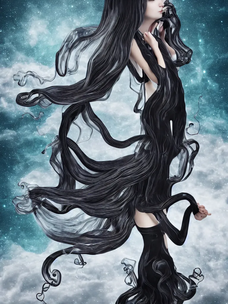 Image similar to cute fumo plush gothic translucent octopus maiden alien girl combing her hair in the waves of the wavering dark galactic abyss, black dress with ribbons, ocean wave thunderstorm and reflective splashing water, black and white, ocean simulation, vignette, vray