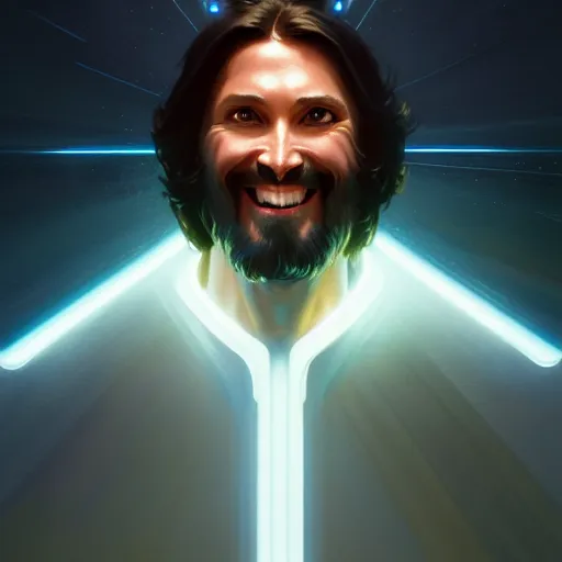 Image similar to tron legacy jesus laughing at church, diffuse lighting, hyper realistic, concept art, intricate, hyper detailed, smooth, sharp focus, illustration, trending on artstation, art by greg rutkowski and james gurney and alphonse mucha