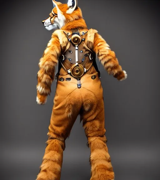 Image similar to the full body of anthropomorphic lynx fursona from behind wearing a steampunk suit